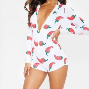 NWT! PRETTYLITTLETHING White Spicy Printed PJ Romper